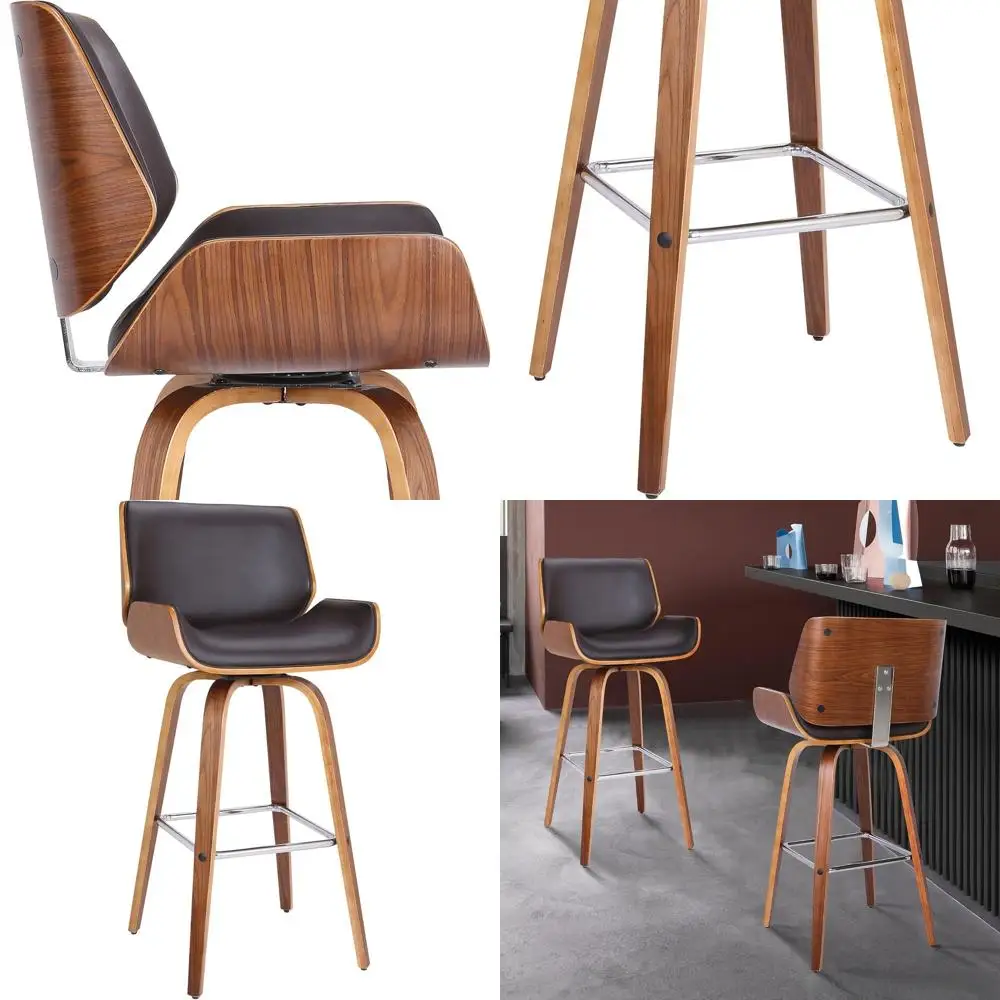 

26 Inch Counter Height Swivel Bar Stool in Brown Faux Leather with Walnut Wood Base