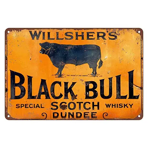 KENSILO Willshers Black Bull Scotch Whiskey Decor Art Metal Signs Vintage Tin Sign Bar Farmhouse Farm Room Walles