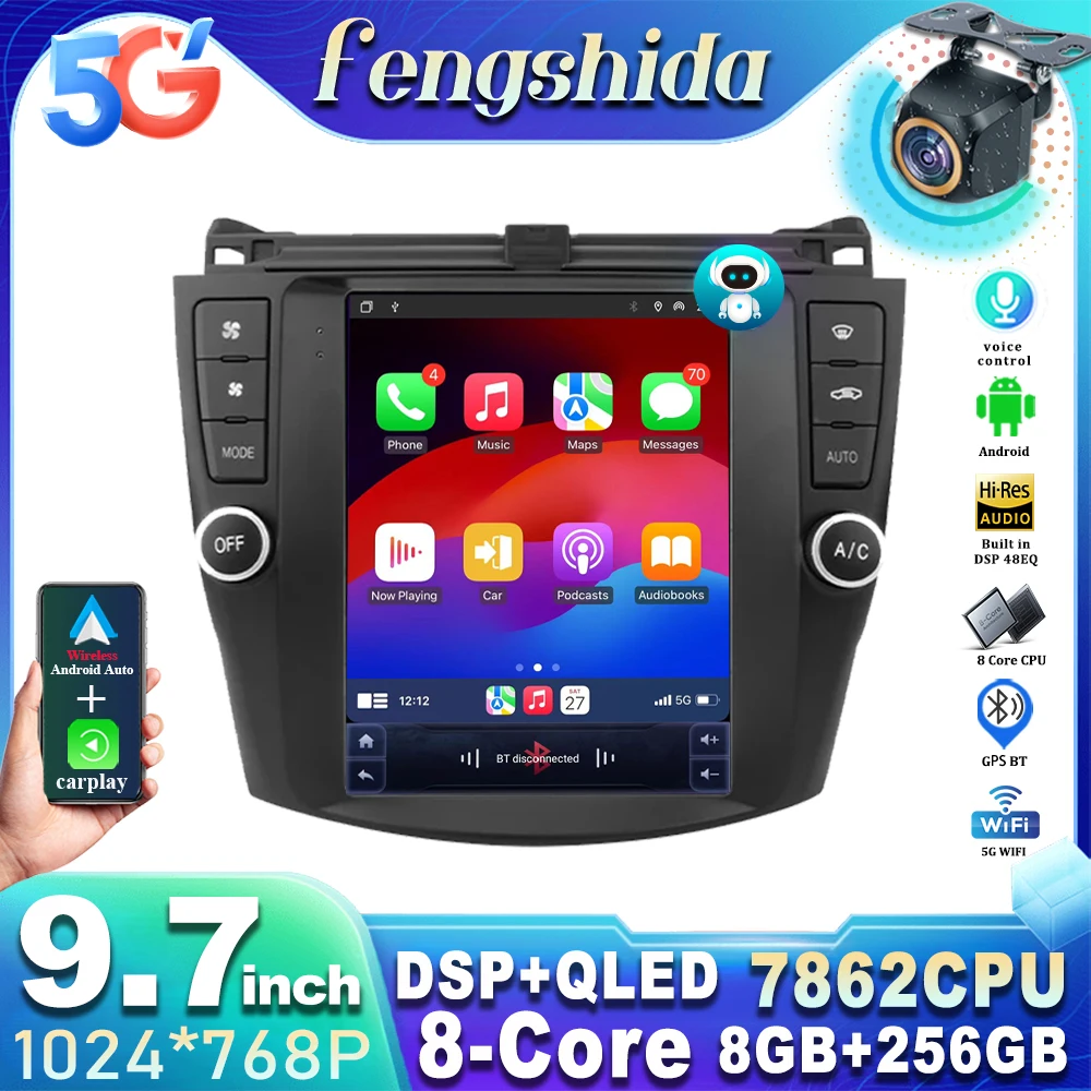 Car Radio For Honda Accord 7 2003 - 2008 9.7 Inch Tesla Style Android 13 Carplay Multimedia Player Navigation GPS Carplay QLED