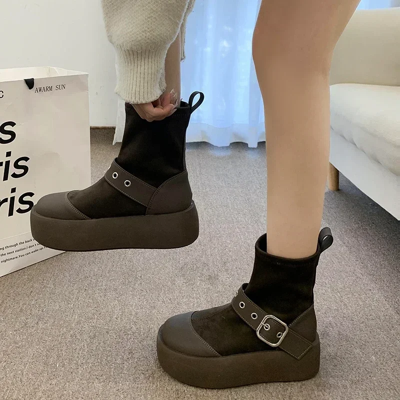 

Women's Socks and Boots Thick Sole Buckle Middle Follow Flat Upper Ankle Boots Anti-slip Rubber Sole Suede Platform Shoes 2024