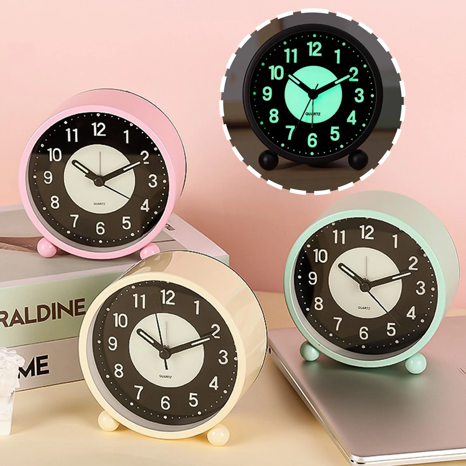 4.5 Inch Bedside Alarm Clock Silents Non Ticking Charging Alarm Retro Round Analog Clocks Glow-in-the-Dark Battery Alarm Clock