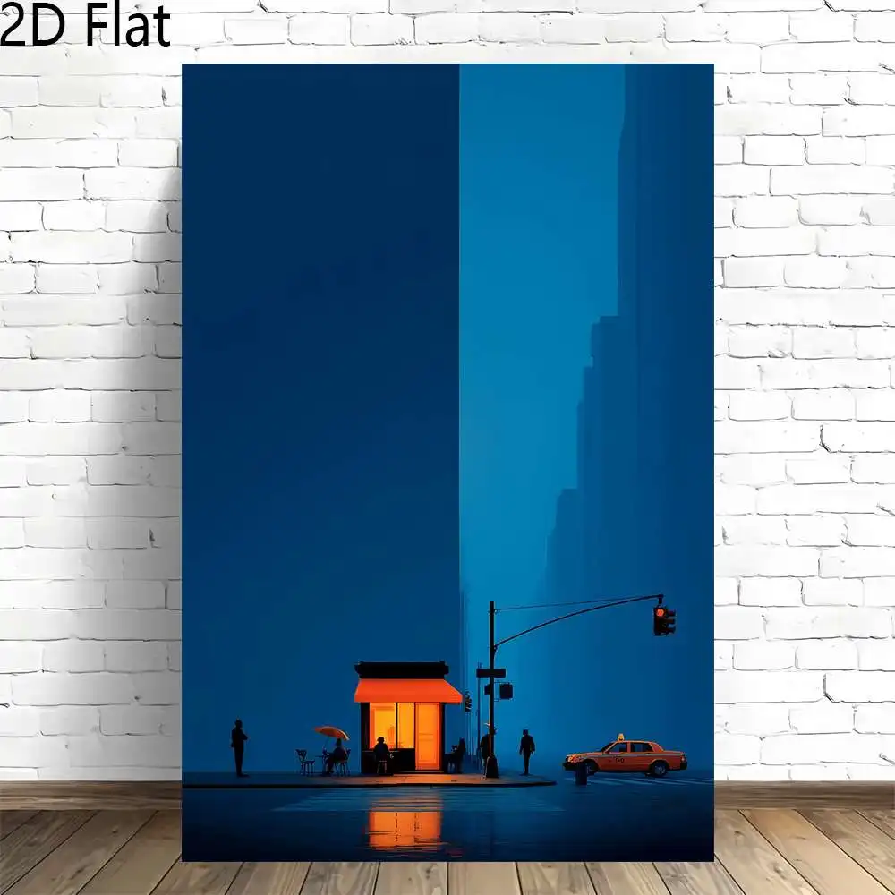 2D Flat, 2D Flat, 2D Flat 1pc, Warm Lit Newsstand on Quiet City Corner with Yellow Taxi Night Scene Frameless Canvas Artwork