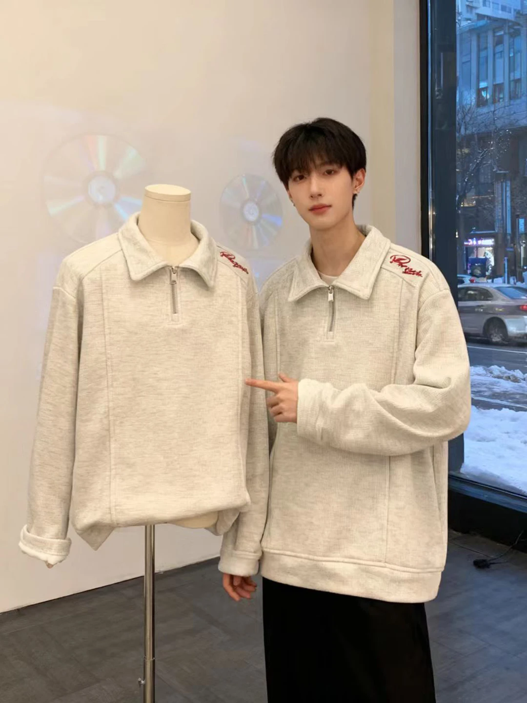 

Teenage Feel Long Sve T-irt Men's Sle Autumn Winter Fce Lined f Zipper Embroidered Collar Sweatirt Stand Fi...