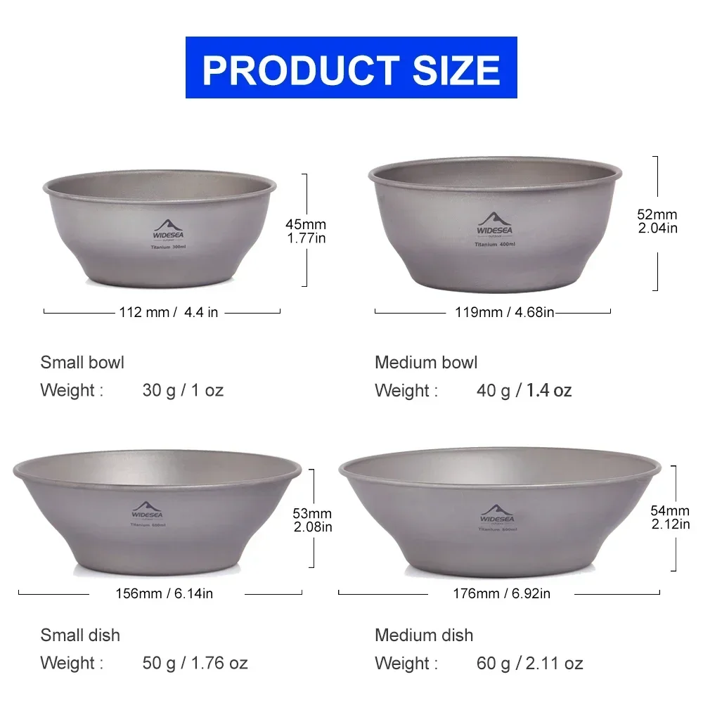 Widesea Camping Ultralight Titanium Bowl Plate Pan Tableware Set Multi Size Salad BBQ Dish Outdoor Dinner Travel Cookware Cup