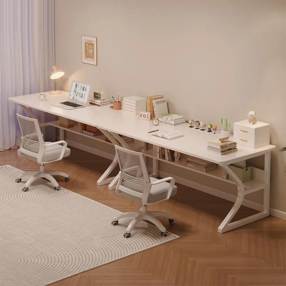 Extra Long Desk with Bookshelf - 71" Double Long Writing Table for 2-Person Workstation, Modern Study Work Computer Desk for Hom