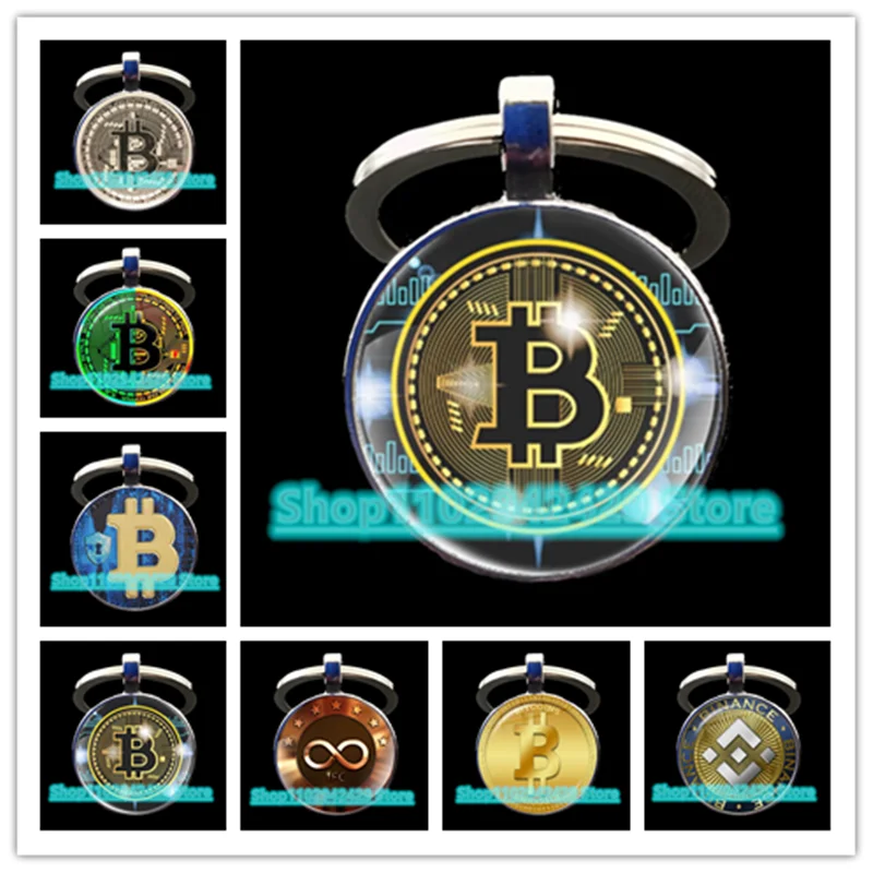 Fashion Bitcoin round glass keychain play house metal pendant classic men's and women's keychain bag car accessories keychain