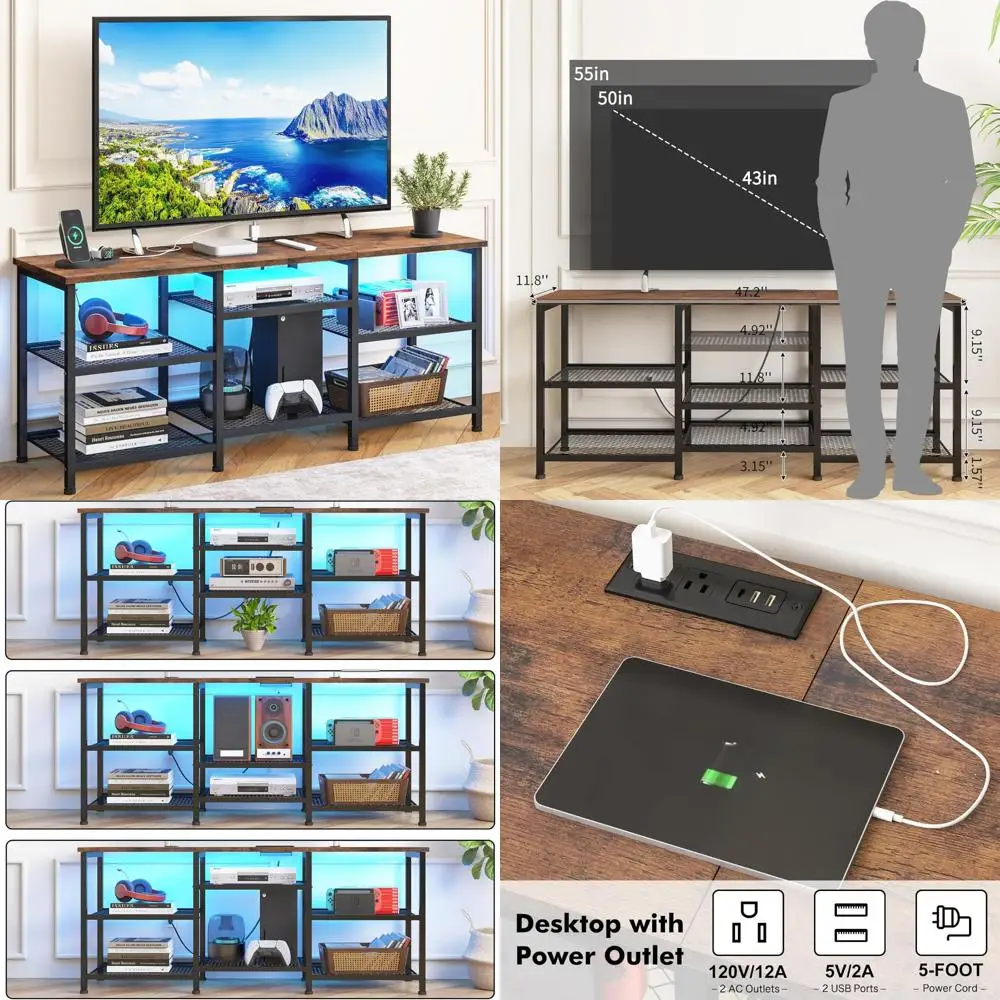 

55 Inch TV Entertainment Center with Adjustable Shelves, Power Outlet, and LED Lit Open Storage