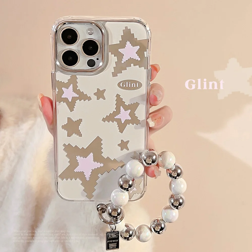 

Hollowed Out Star Mirror Case IPhone 15 IPhone 17 Pro Max Chain Drop Protection Phone Case Covers Hard Case Ins Beads Beautiful