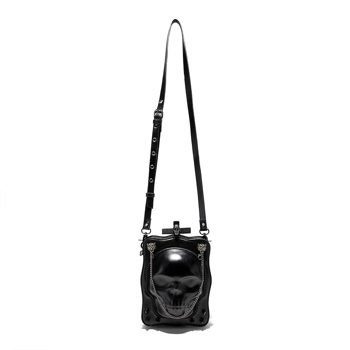 Halloween Theme Punk Rivet Skull Shape Shoulder bag, PU leather Skeleton Flap Bag with Zipper Closure Dark Gothic Crossbody Bag