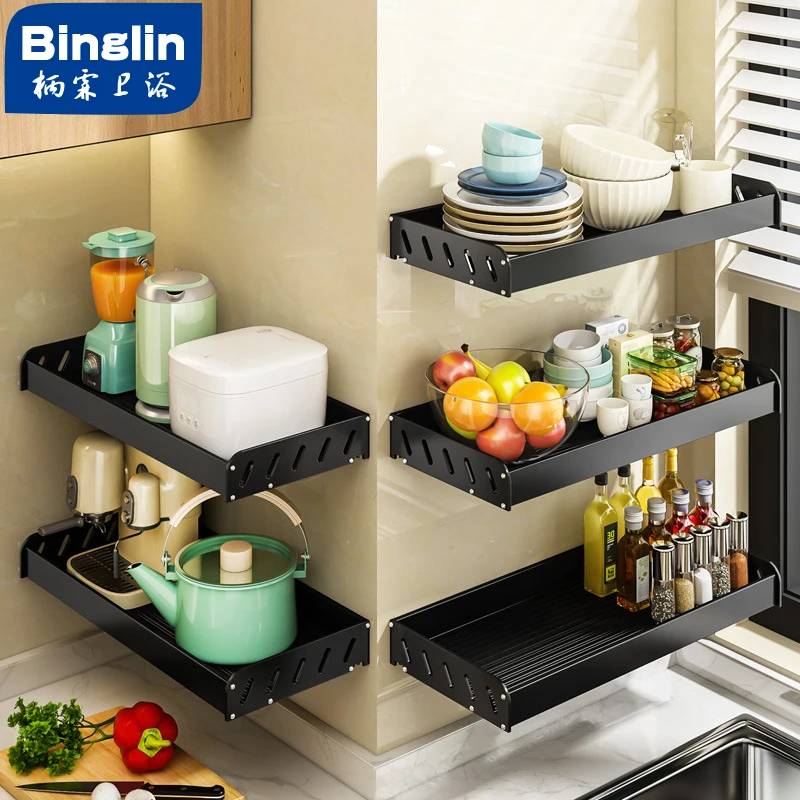 BINGLIN kitchen Rack rRack Free Punch Wall-mounted Multi-Functional Seasoning Shelf Widening Storage Artifact