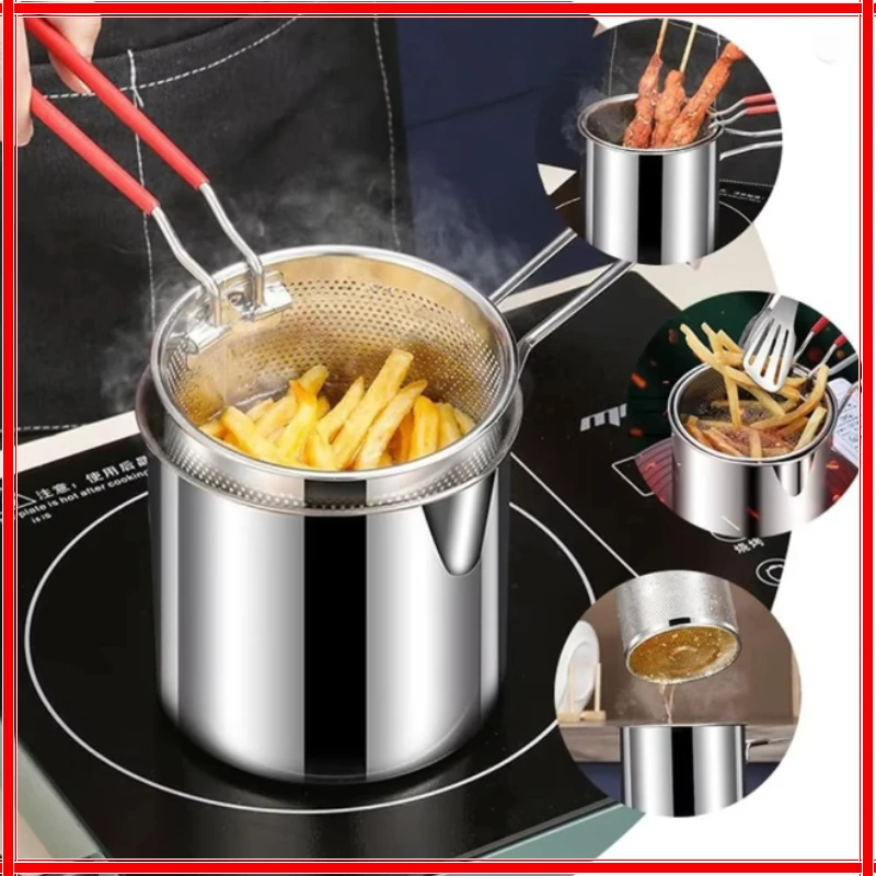 Olla para freír profunda de acero inoxidable con colador, sartén para tempura, utensilios de cocina para pollo frito