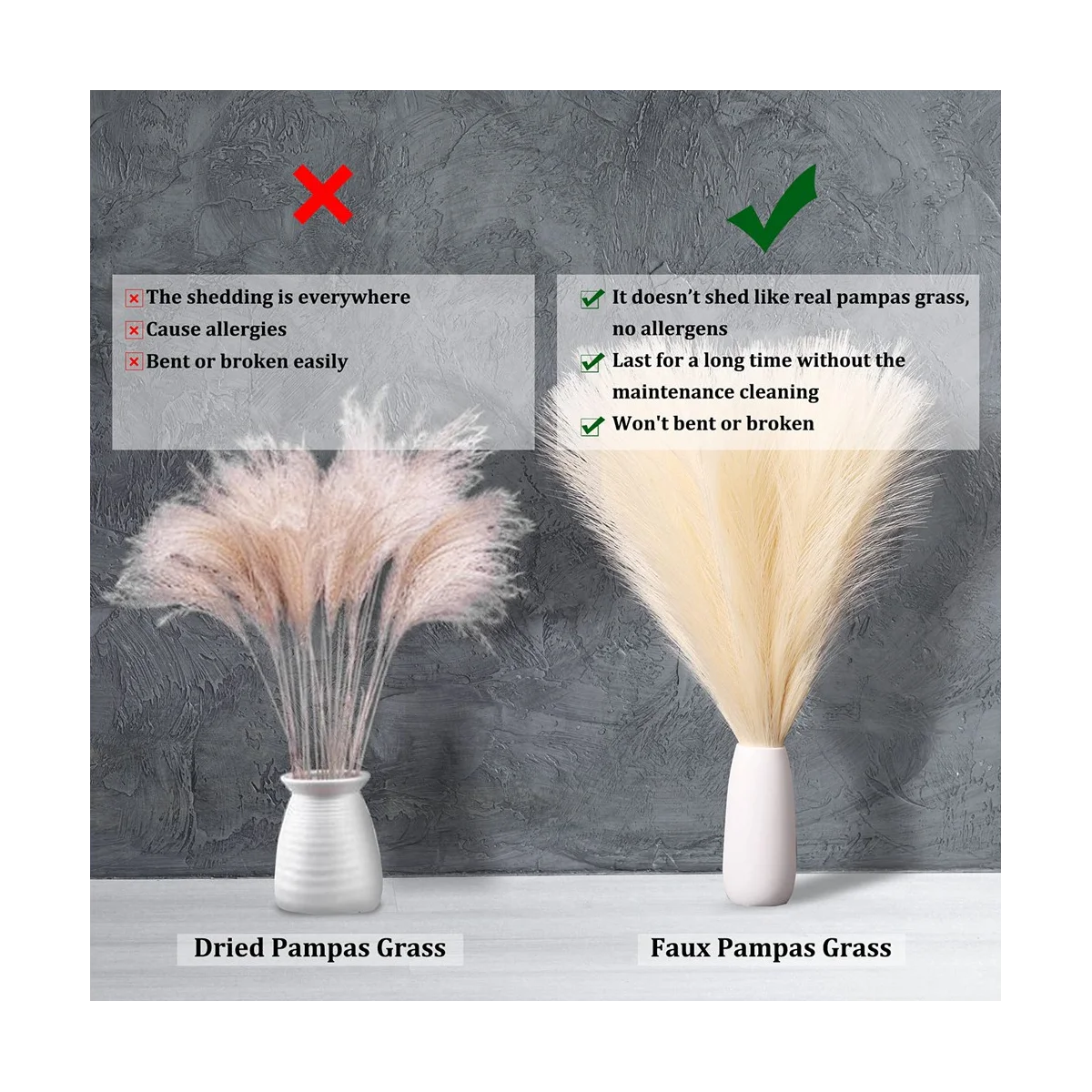 رقيق فو Pampas العشب ، الاصطناعي Pampas العشب ، زهرة ترتيب ل بوهو المنزل ، رمادي ، 5 الجذعية ، 18 "، 45 سنتيمتر