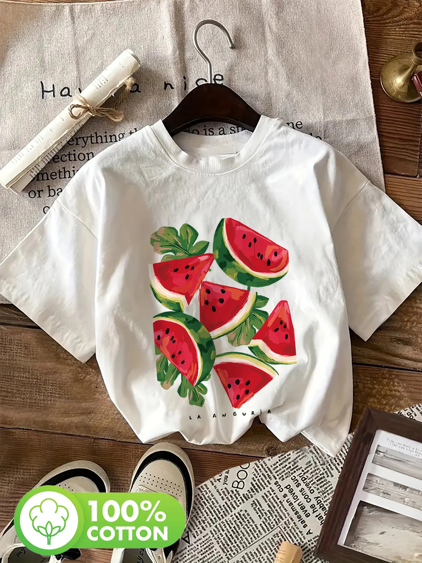 Wassermelonenmuster Damen T-Shirt Rundhals Kurzarm Shirt Ästhetische Streetwear Cottagecore Grafik-Top Damenbekleidung – Detail 2