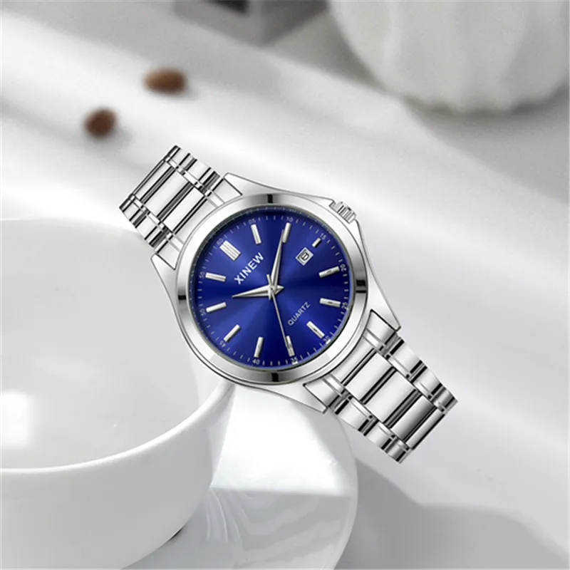 1pc / lot XINEW Brand Men Watches Silver Students Fashion Full Steel Band Simple Date Quartz Watch Reloj Hombre Montre Homme