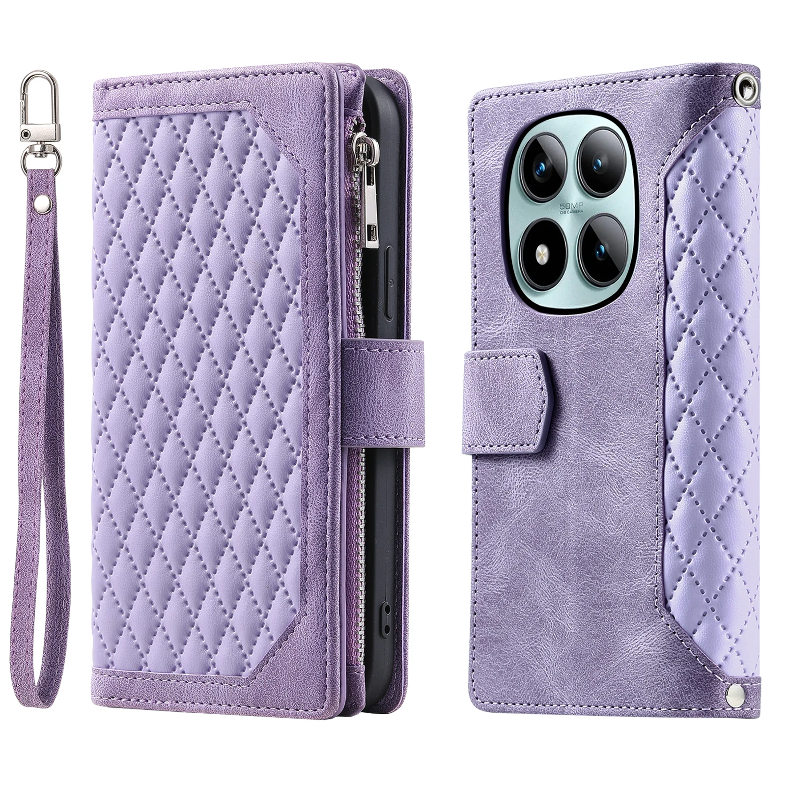 Skórzane etui z klapką, zamkiem błyskawicznym, przegródkami na karty, funkcją portfela, smyczą i paskiem na ramię do XiaoMi RedMi Note 15 Pro Plus 14 — zdjęcie produktu 2