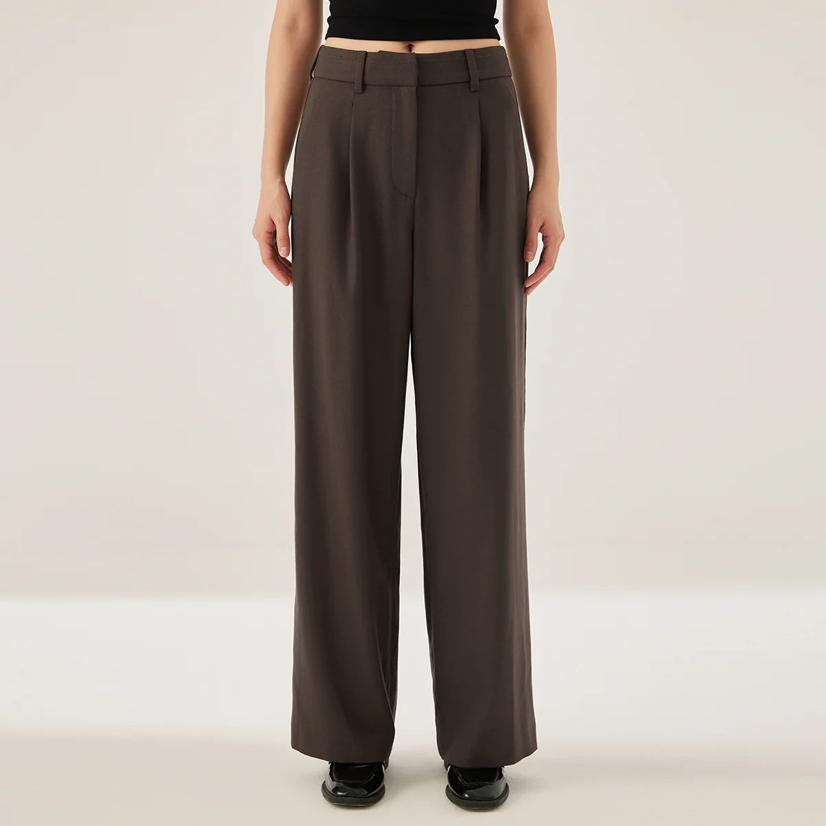 KL9523416 بنطال عالي الخصر واسع الساق من مزيج الصوف للنساء بنطال أمامي مطوي مع جيب #2