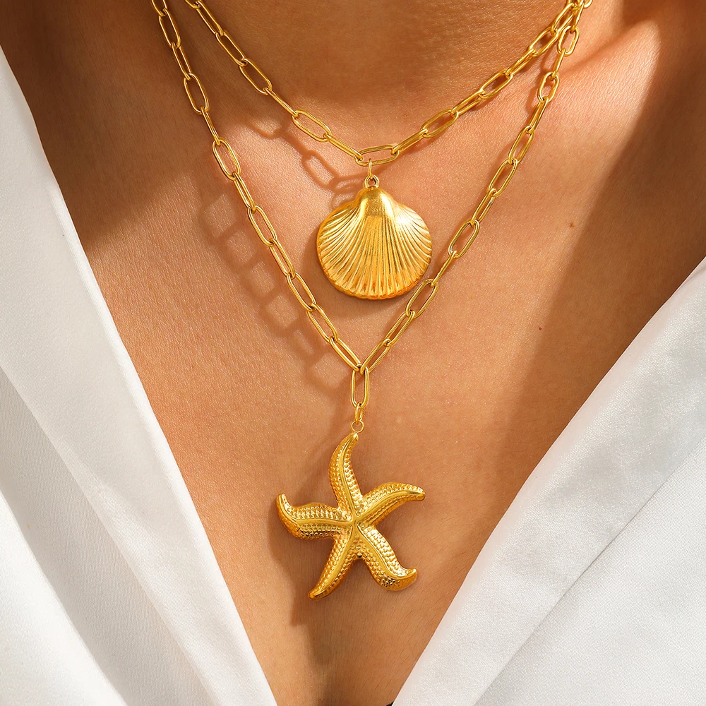 Stainless steel necklace summer beach shell starfish double layered pendant collarbone chain ladies romantic temperament jewelry