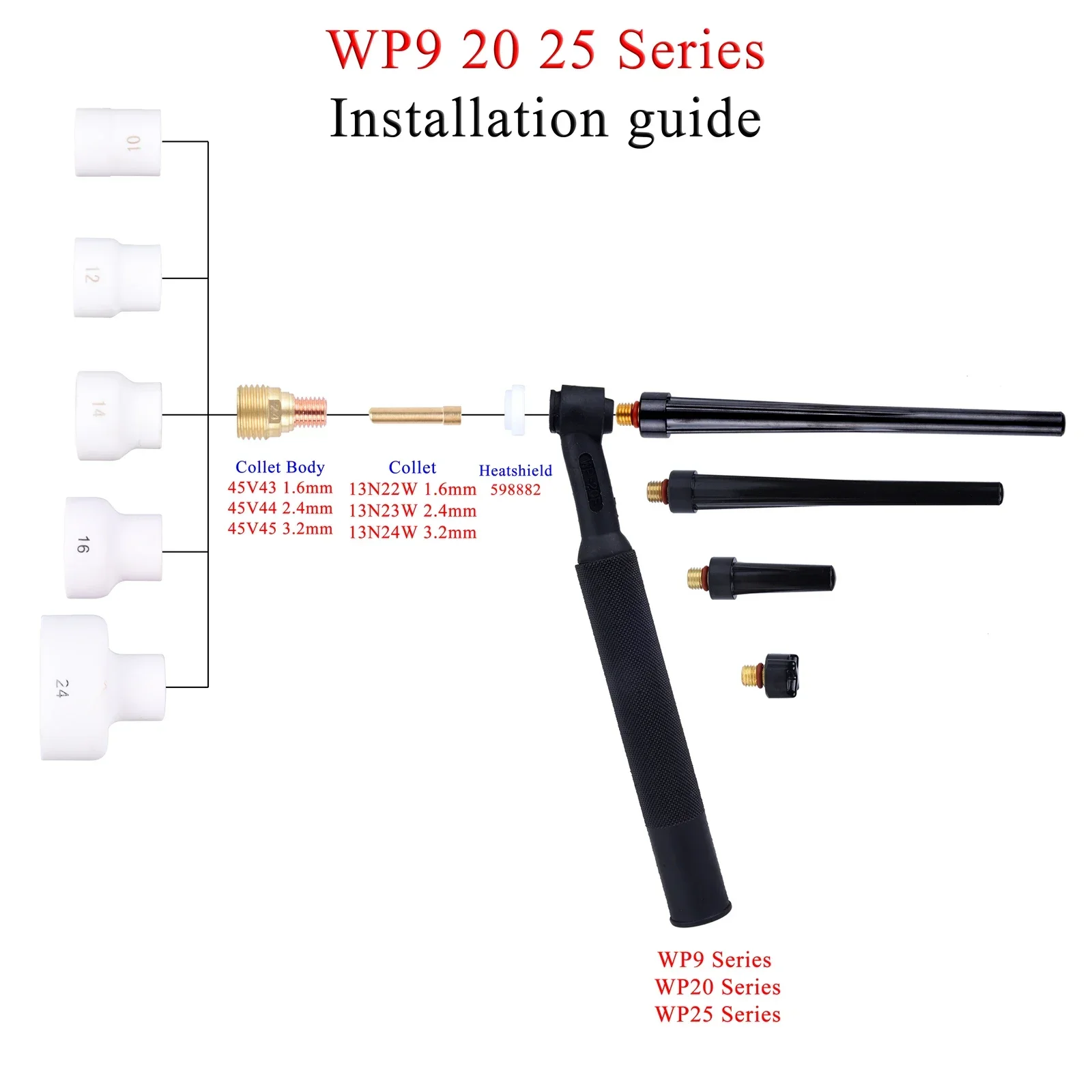 เชื่อม TIG 3 ชิ้น # 24 สีขาวเซรามิคหัวฉีดถ้วยอลูมินาชุดไฟฉาย WP9 20 25 Stubby Collets Body Gas ชุดเลนส์
