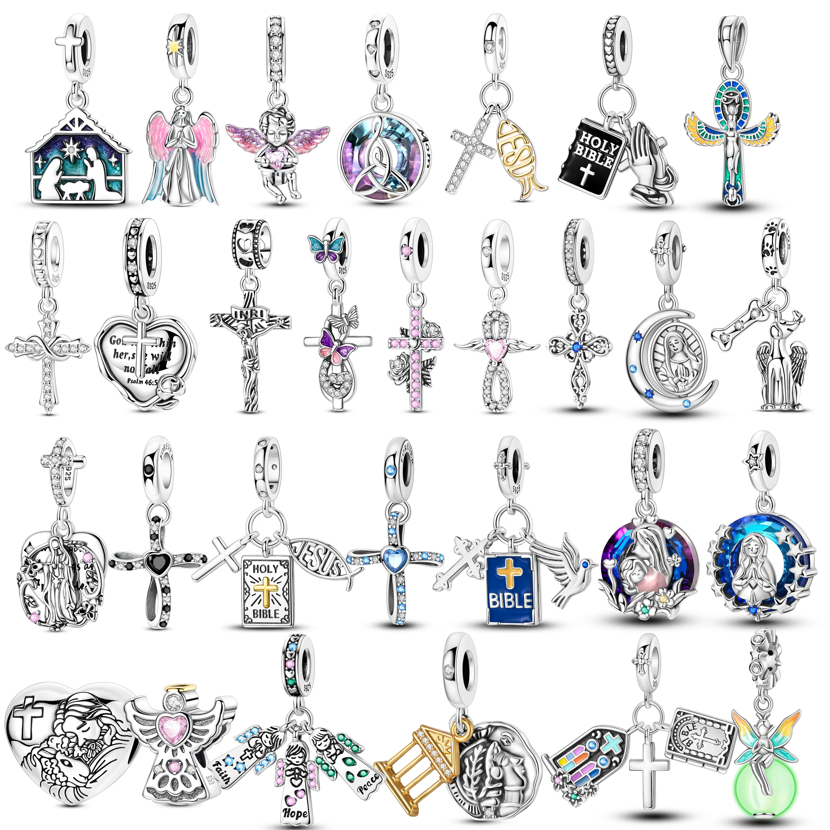 925 فضة الصليب الكتاب المقدس الدين الملاك قزم الخرز دلايات معلقة مجوهرات يناسب 925 الأصلي سوار Diy بها بنفسك هدية للنساء