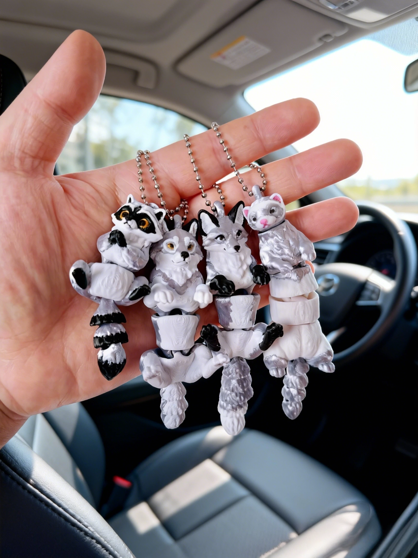 2/4 Pieces - 3D Printed Articulated Silver-Colored Raccoon, Fox, Wolf, Ferret Animal Ornaments, Christmas Birthday Wedding Keychain Gifts, Indoor and Outdoor Hanging Decorations, Car Interior Hangings view 4