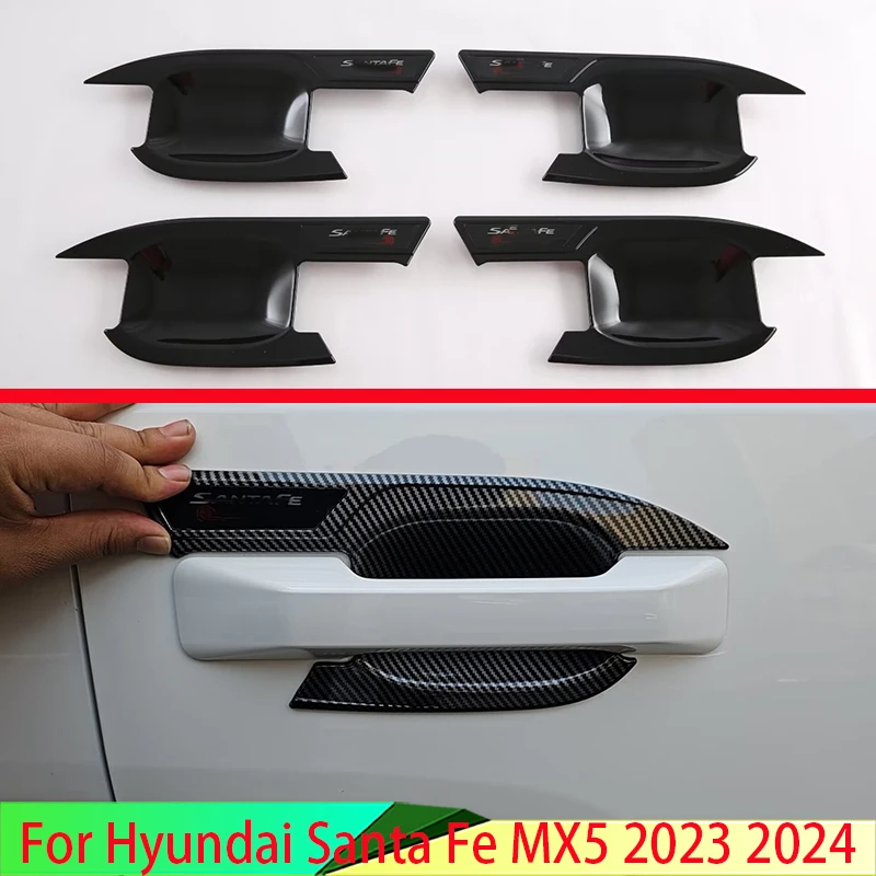 For Hyundai Santa Fe MX5 2023 2024 Carbon Fiber Style Door Handle Bowl Cover Cup Cavity Trim Insert Catch Molding Garnish