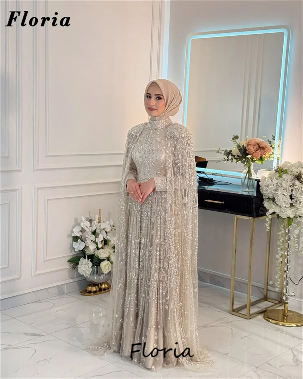 Saudi-Arabien Champagner Abendkleider Cape Ärmel Verlobung Party Kleider Perlen Kristalle Prom Kleid Vestidos De Gala Angepasst