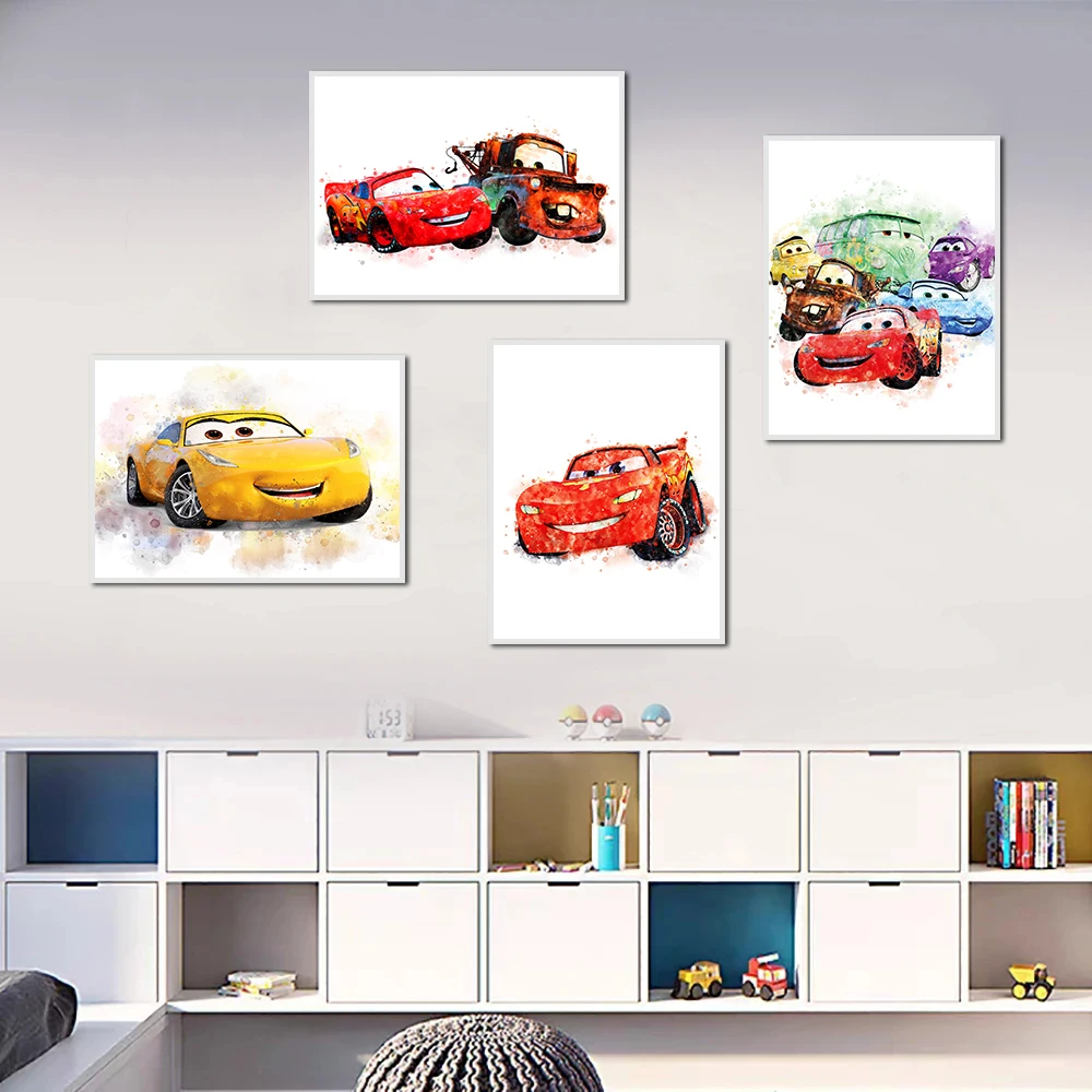 Disney Cars Movie Poster, Modern Watercolor Art, Canvas Painting Print, McQueen Picture, Home Room Wall Decor Cuadros Kids Gifts