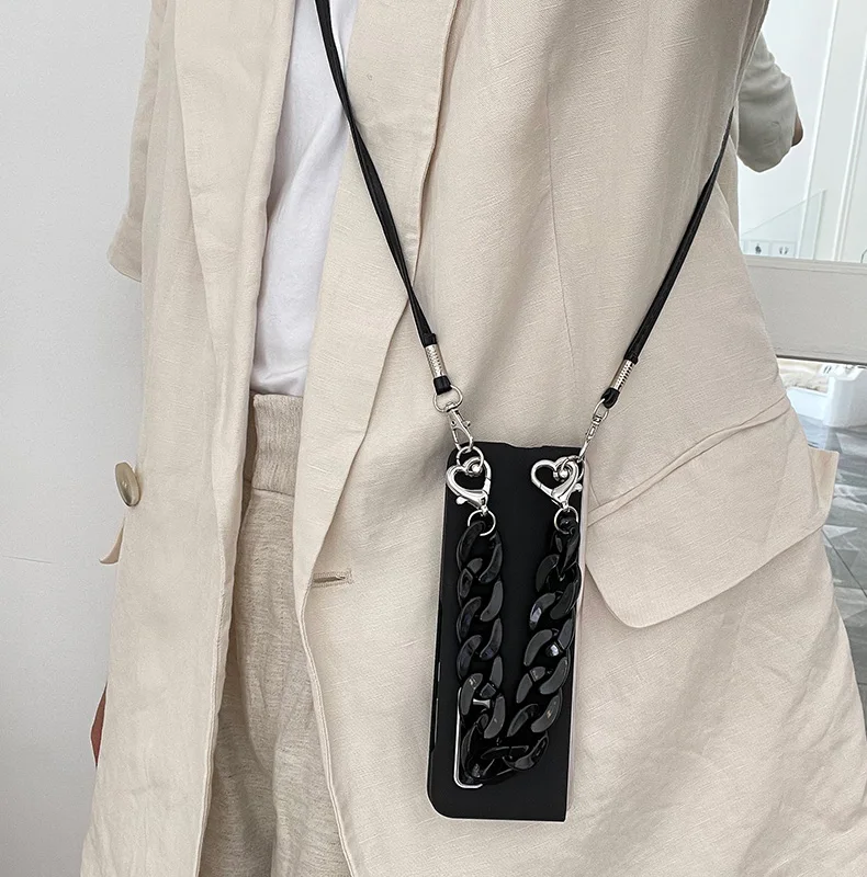 Fashion Black Bracelet Hand Chain Long Strap Crossbody Skin Back Portable Case For Samsung Galaxy Z Fold 3 2 ZFold 6 7 ZFold 5 4