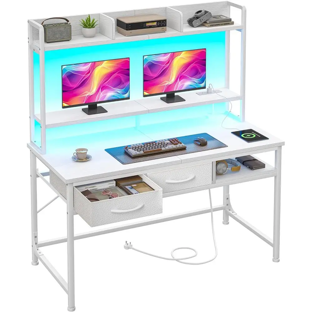 

LED-lit Gaming Desk with Storage and Monitor Stand, White