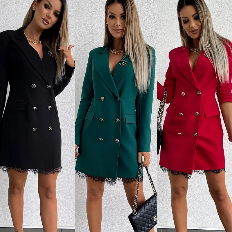 Autumn Winter Fashion Double Breasted Cardigan Office Women Long Jackets Coat Casual V Neck Long Sleeve Lace Edge Ladies Outwear