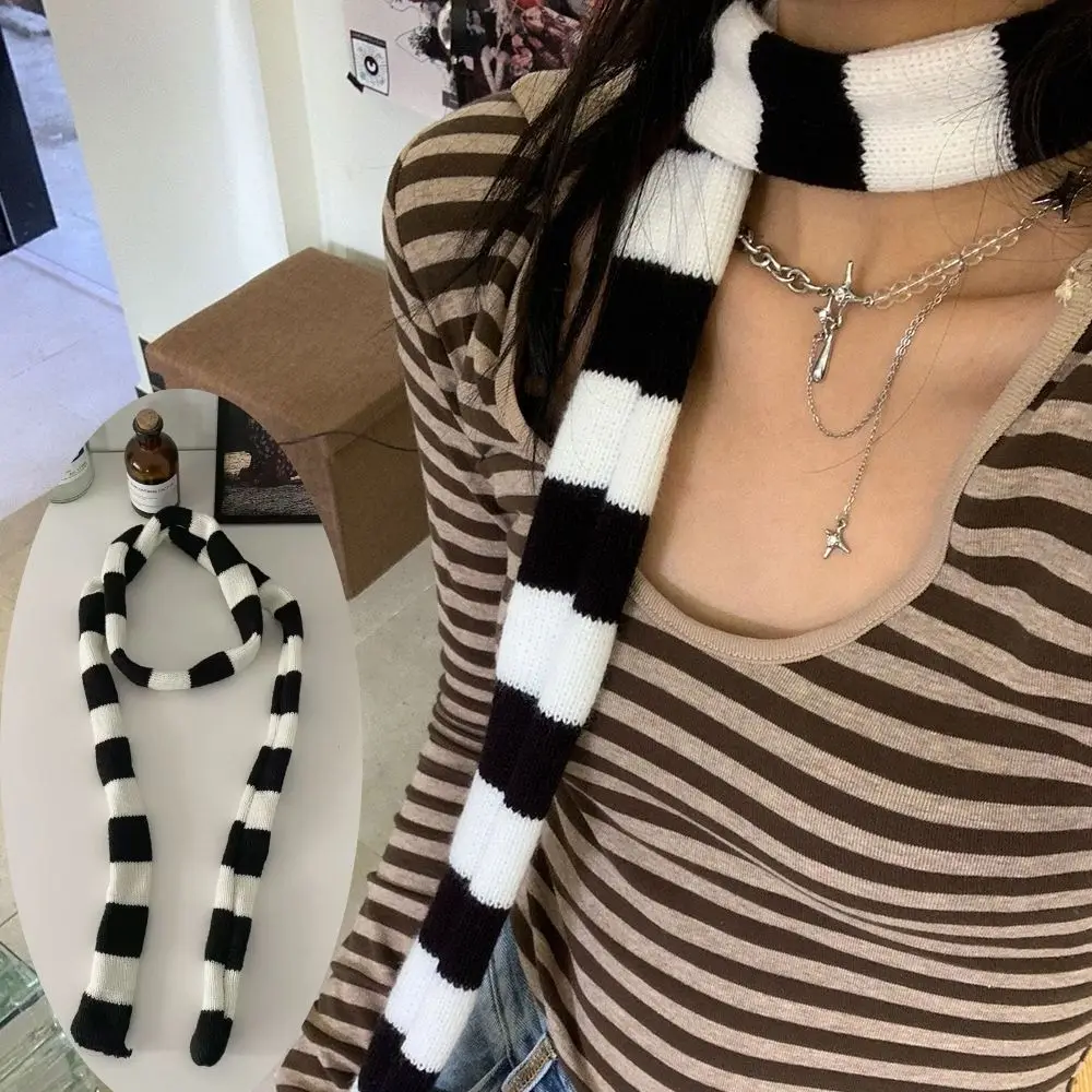 Y2K Black And White Striped Scarf Harajuku Knitted Slim Narrow Women\'s Scarves Decoration Thickened Neck Warmer Long Tie Scarf