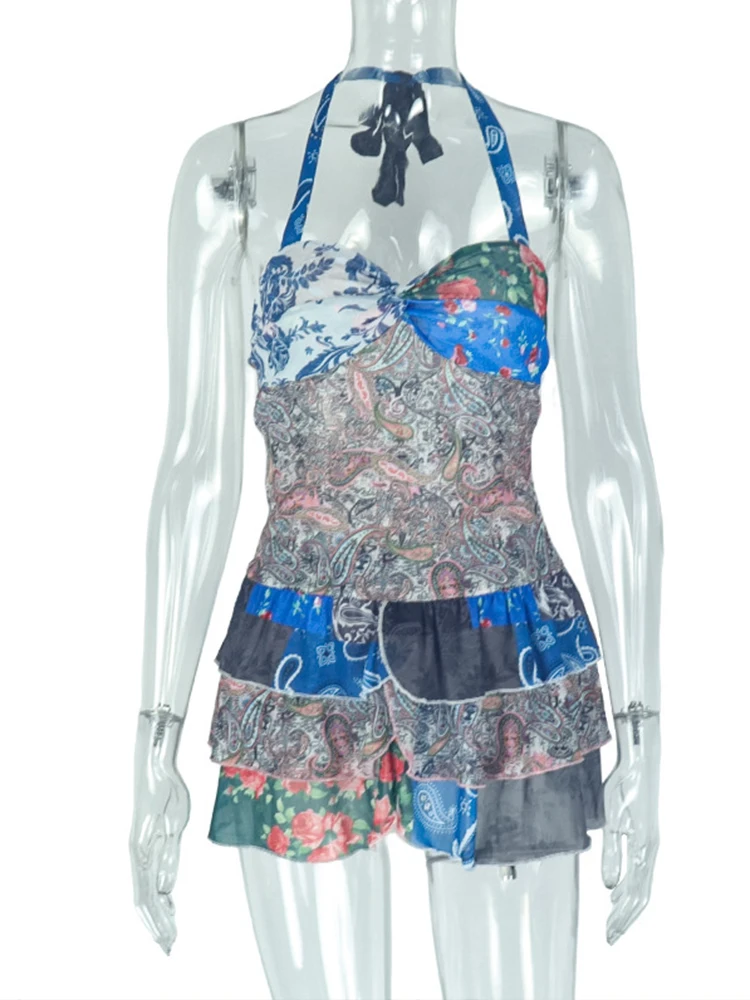 Vestido estampado colorido feminino halter sem costas sem mangas babados em camadas férias praia festa tendência mini bodycon