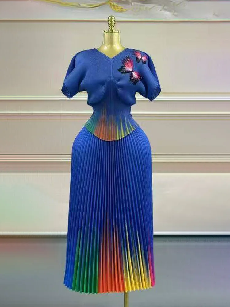 Egrm miyake solto design high-end conjuntos plissados temperamento impresso plissado cintura bat manga saia elegante conjunto de duas peças 7r2619