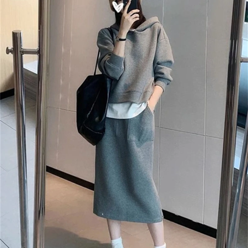 Sets Women Sporty Loose Pure Leisure Autumn Ulzzang Vintage Simple Hoodies Side-zip Designed Chic Midi Skirts Harajuku All-match