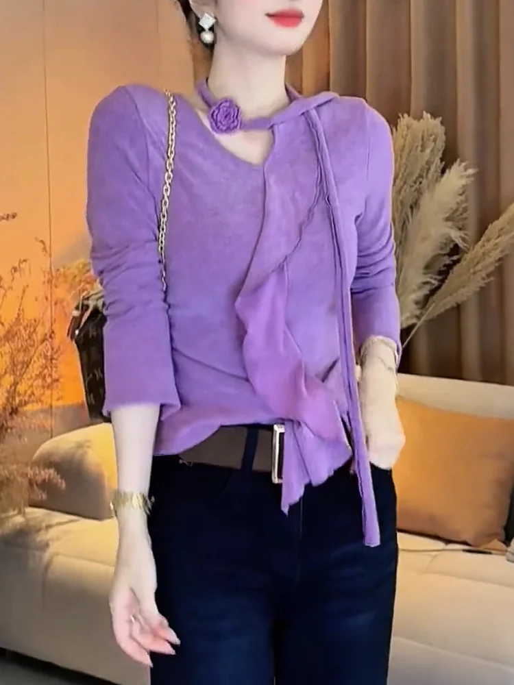 

Корейский нежный кружевной трикотажный джемпер, осенняя новинка, большие размеры, модный универсальный топ с эффектом похудения, длинный рукав, V-образный вырез, теплый, согревающий.