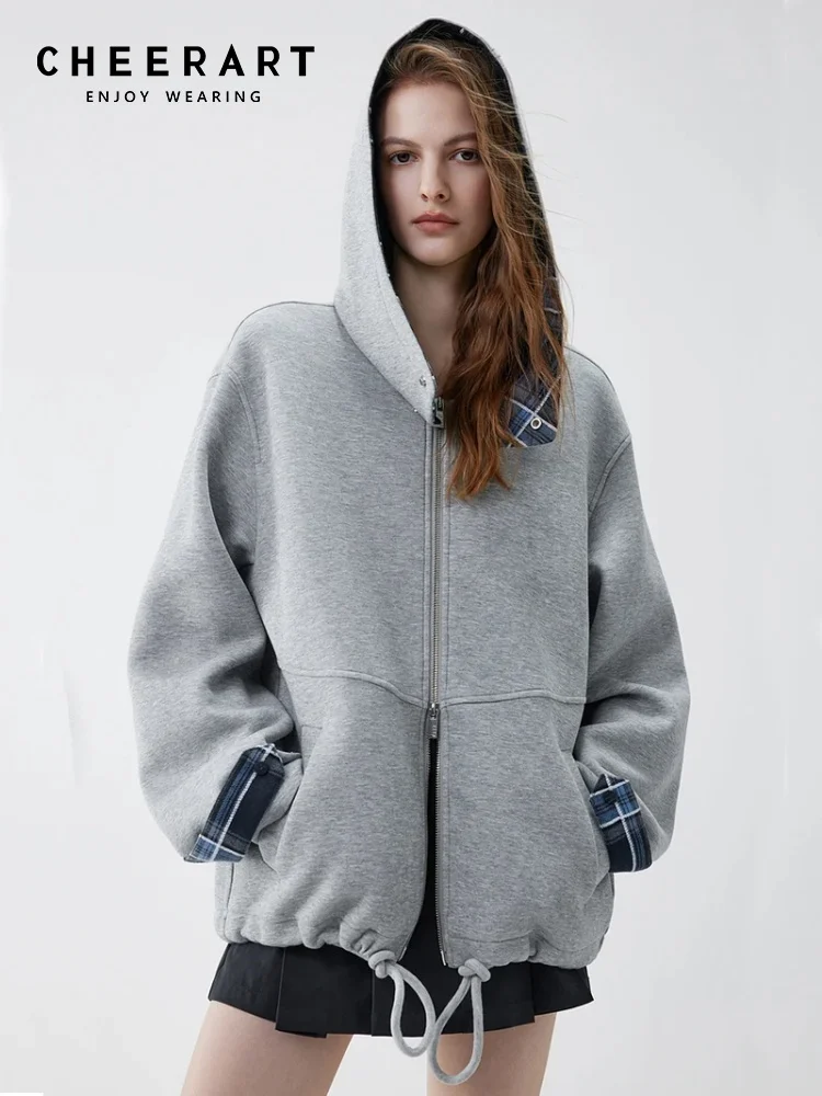 

CHEERART Autumn Zipup Hoodie Woman Gray Sweatshirts Drawstring Long Sleeve Zip Up Hoodies 2025 Fall Clothes