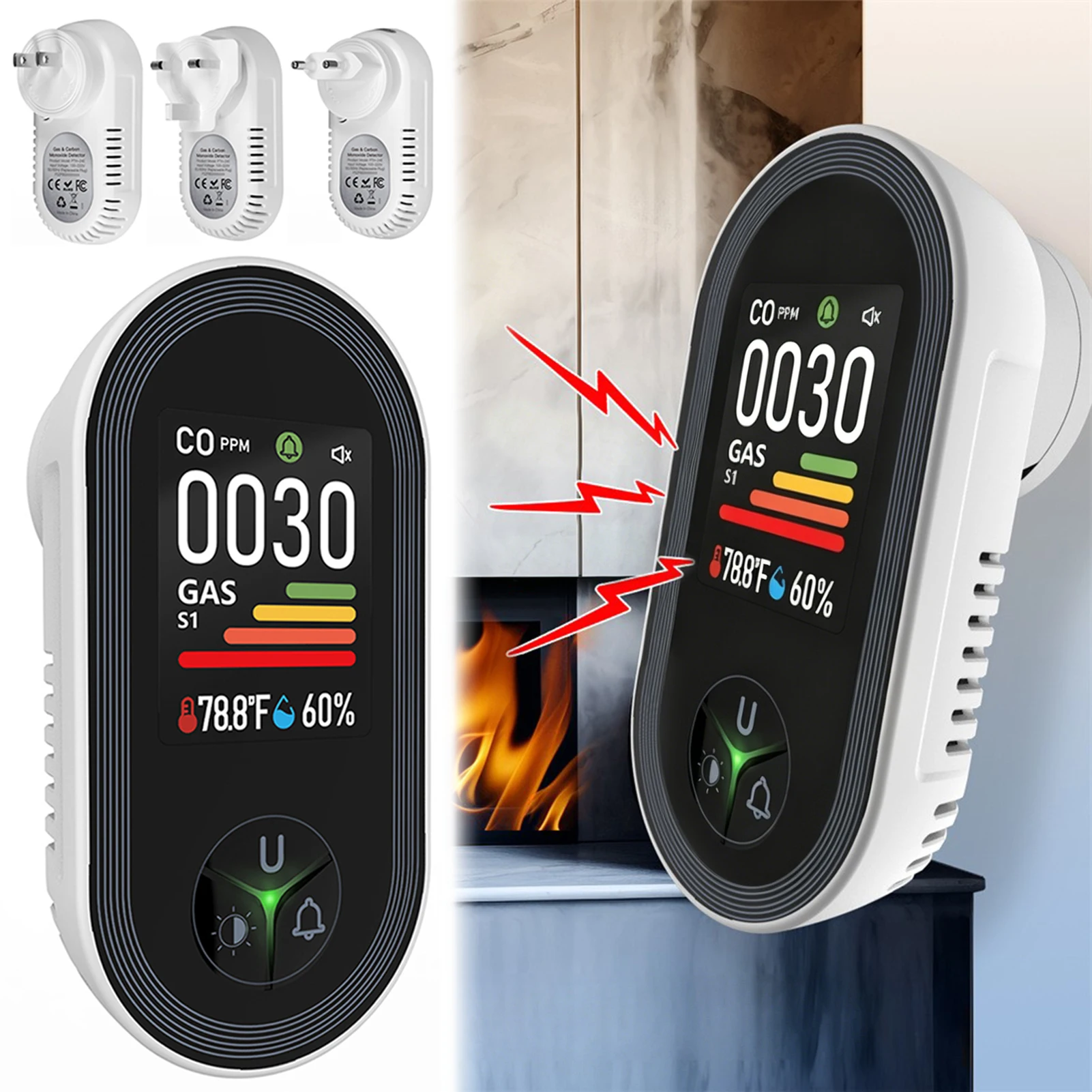 4 In 1 Monoxide Detector Natural Gas Combustible Gas Detector Alarm Methane Monitors Airs Quality And Humidity Monitors