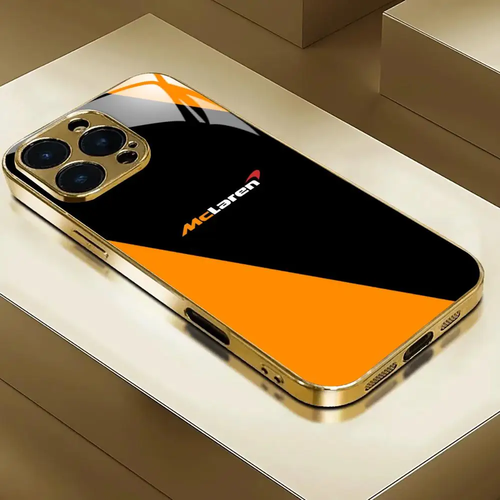 Car M-McLarenES  Phone Case For iphone 17 AIR 16 15 14 13 12 Pro Plus Max gold Electroplated glass Case