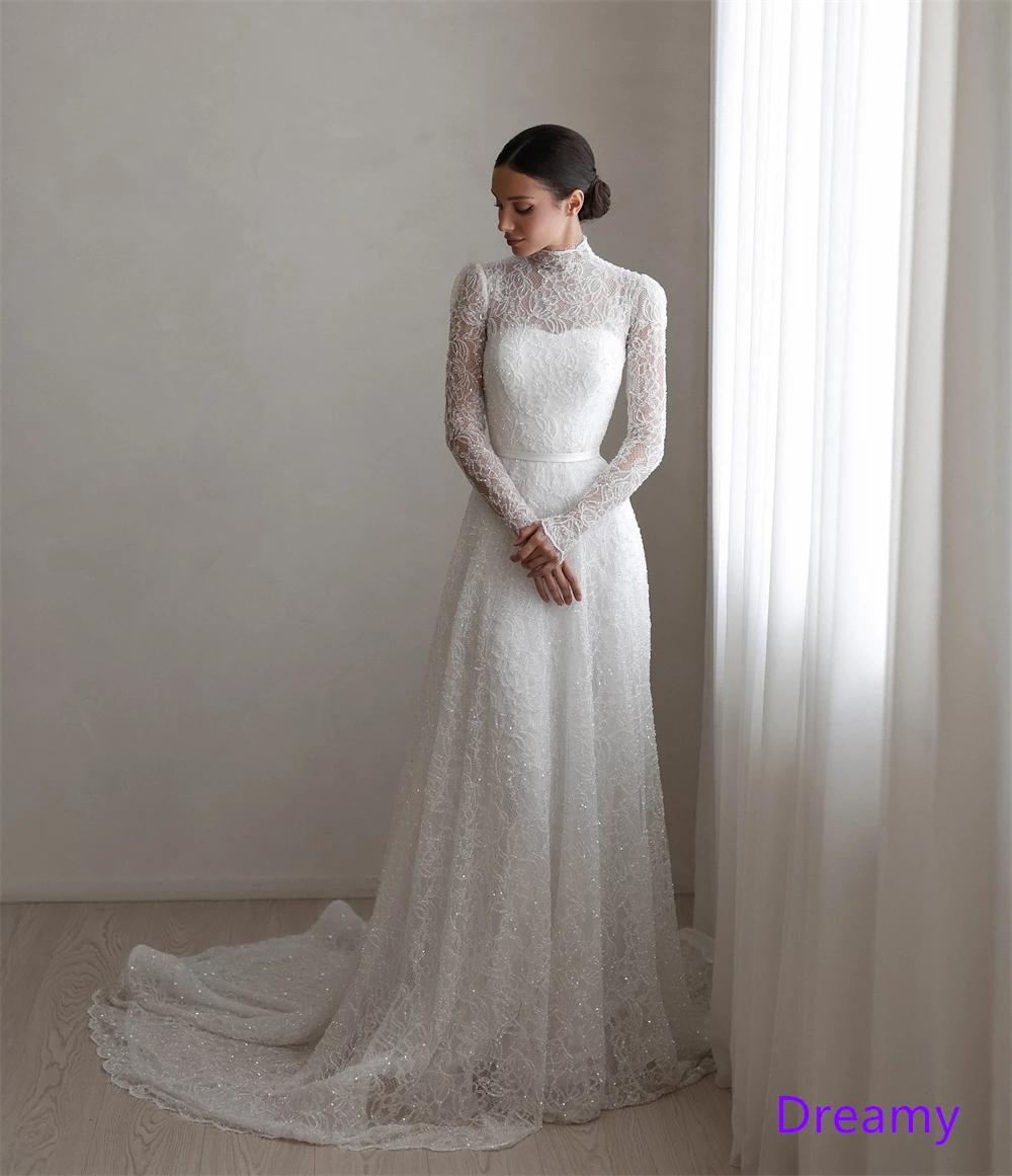 Robe de soirée en dentelle blanche, personnalisée, exquise, col haut, manches longues, robes d'occasion sur mesure, robe de mariée de haute qualité