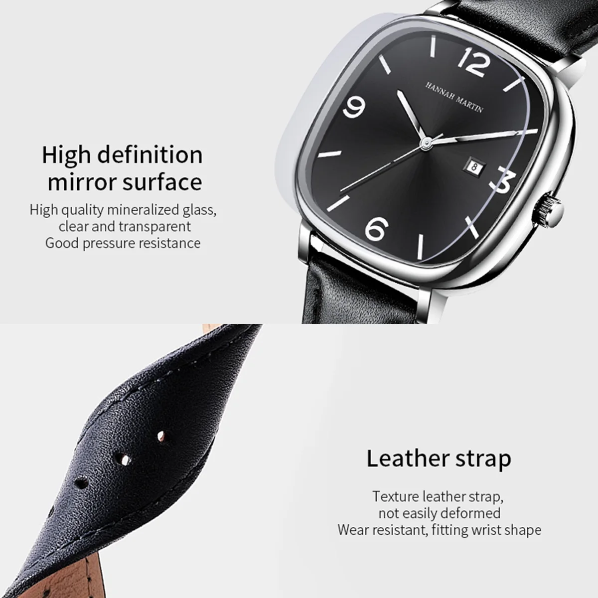 Hannah Martin Top Brand Black Leather Watch Original Quartz Movement Casual Business Style Square Fashion Men\'s Gift Wrist Watch