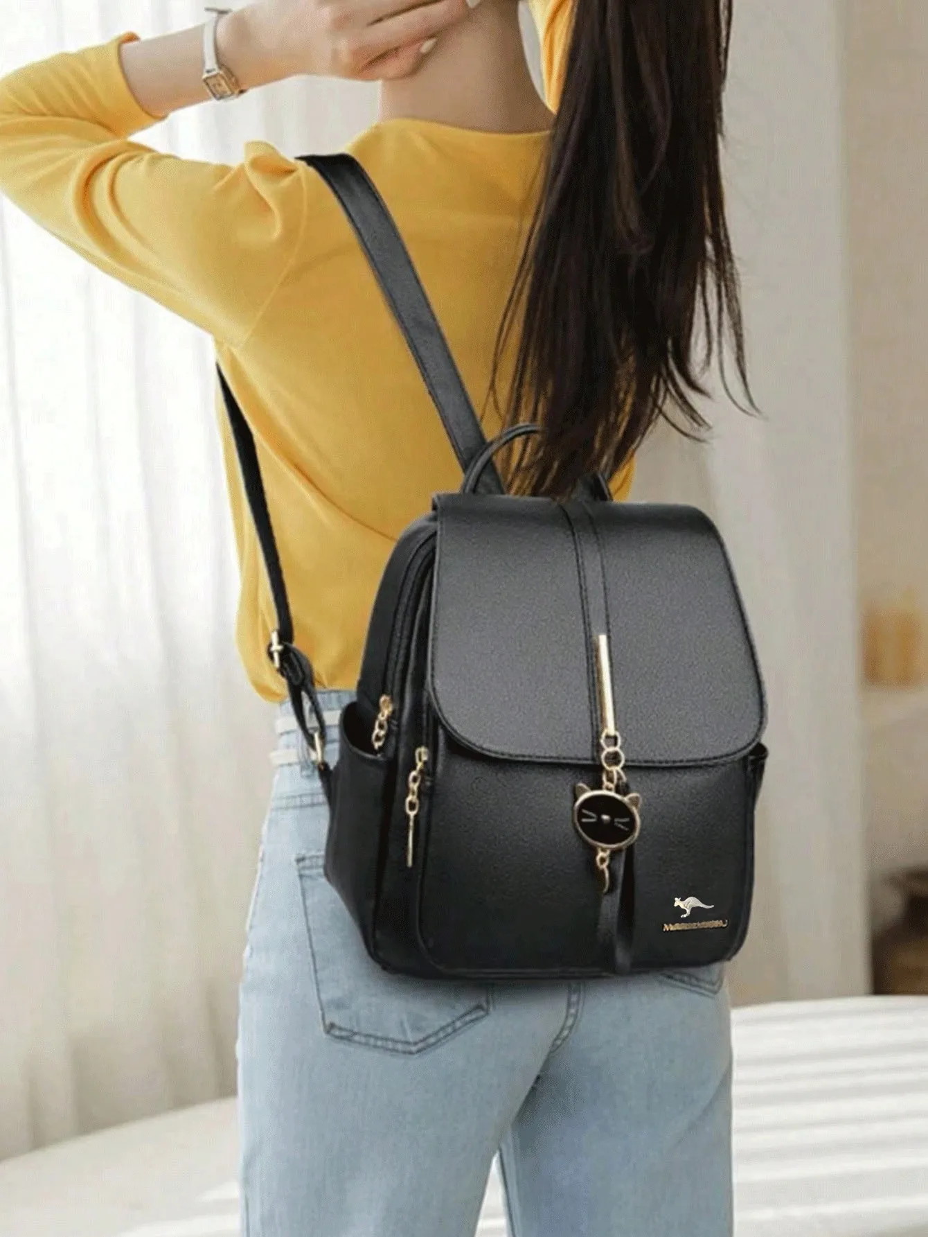 2024 Retro Preppy Rucksack – großes Fassungsvermögen, Doppelreißverschluss, tierische Metallschnalle, für Jugendliche/Studenten/weiße Kragen