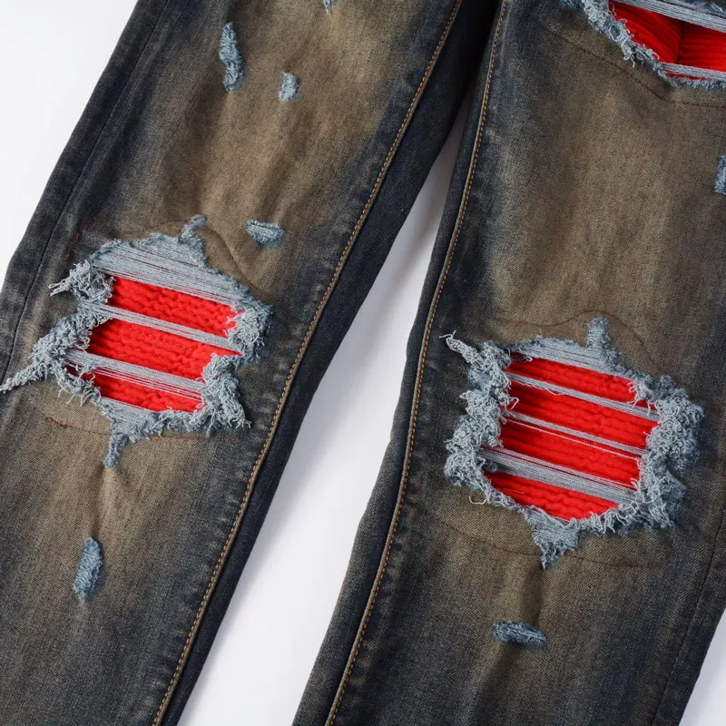 High Street Fashion Men Jeans Retro Black Blue Stretch Skinny Fit Ripped Jeans Men Red Patched Designer Hip Hop Brand Pants