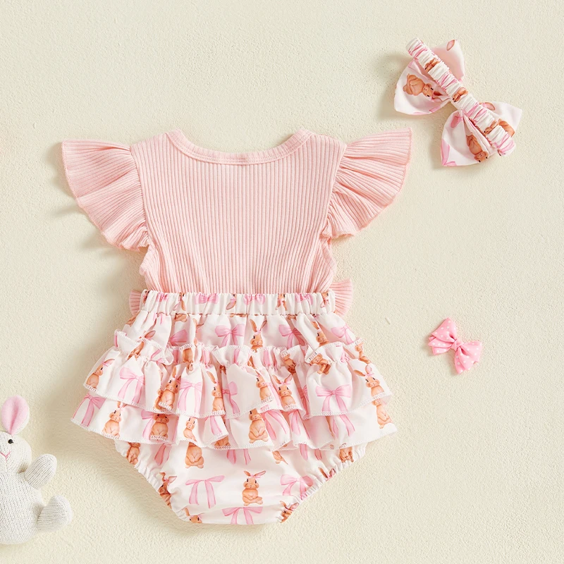 Baby Girl Easter Outfit Bunny Print Fake Two-Piece Fly Sleeve Romper Bow Headband 2 Piece Spring Baby Bodysuits Set