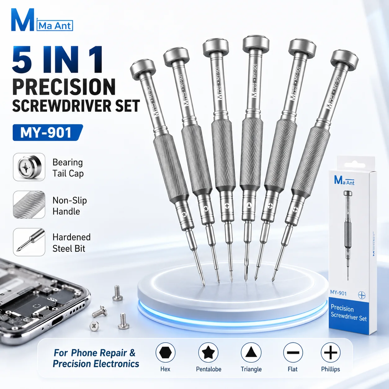 MaAnt MY-901 Professional Mobile Phone Screwdriver Set Y0.6 PH000 Pentalobe 0.8 M2.5 T1 T2 Bits OEM Precision Repair Tool Kit 7P