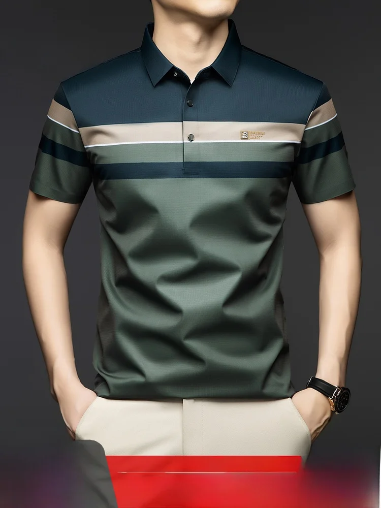 

Pierre Cardin 2025 Новая летняя мужская шелковая футболка с коротким рукавом, устойчивая к сминанию, в полоску, модная, городская, свободного кроя