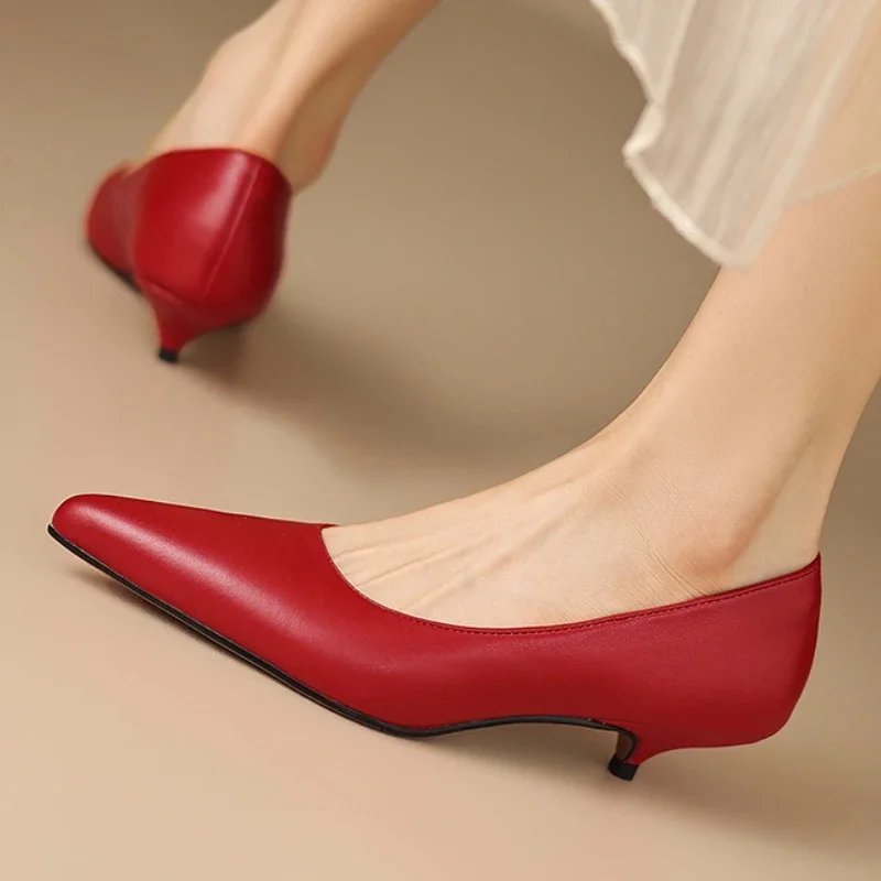 Elegant Pumps Shoes for Women Genuine Leather Low Heel Slip on Black Yellow Red Party Ladies Dress Shoes Comfort Good Quality