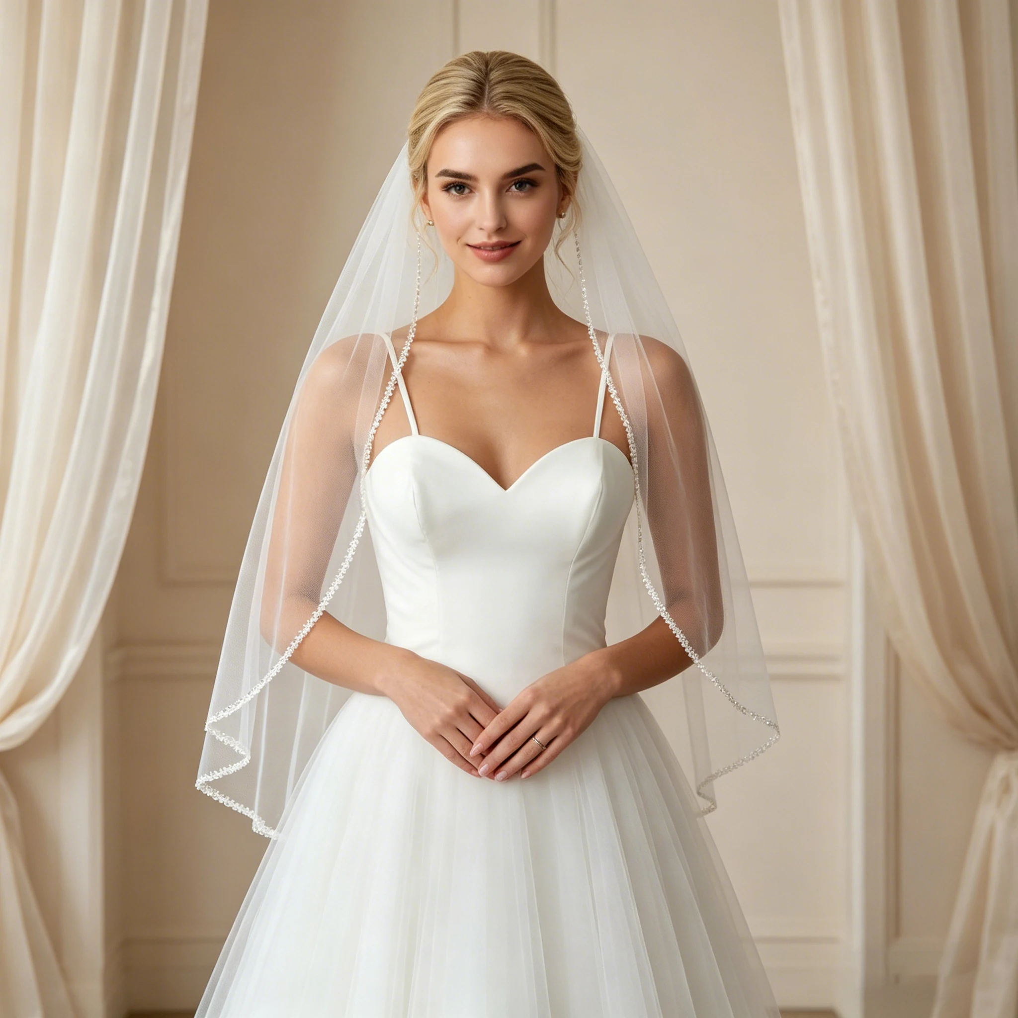 

Light Luxury Bridal Veil with Sequins&Crystals Edge White Ivory Elegant Wedding Accessory for Bride Church Minimal Headpiece G63