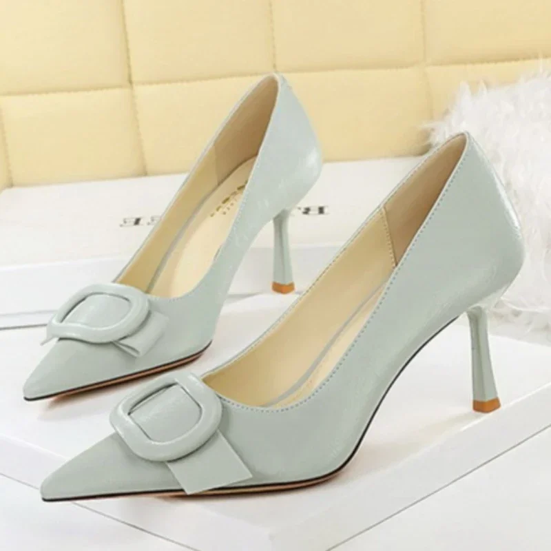 Fashion High Heels Spring New Style Pointed Head Shallow Mouth Square Buckle Set Foot Anti-slip Wear-resistant Fine Heel Shoes