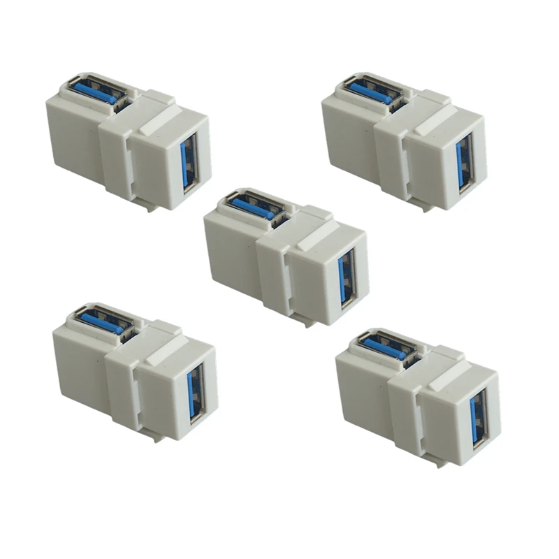 5-piece USB3.0 elbow female to female 90 degree connector with buckle support for wall panel installation, black and white