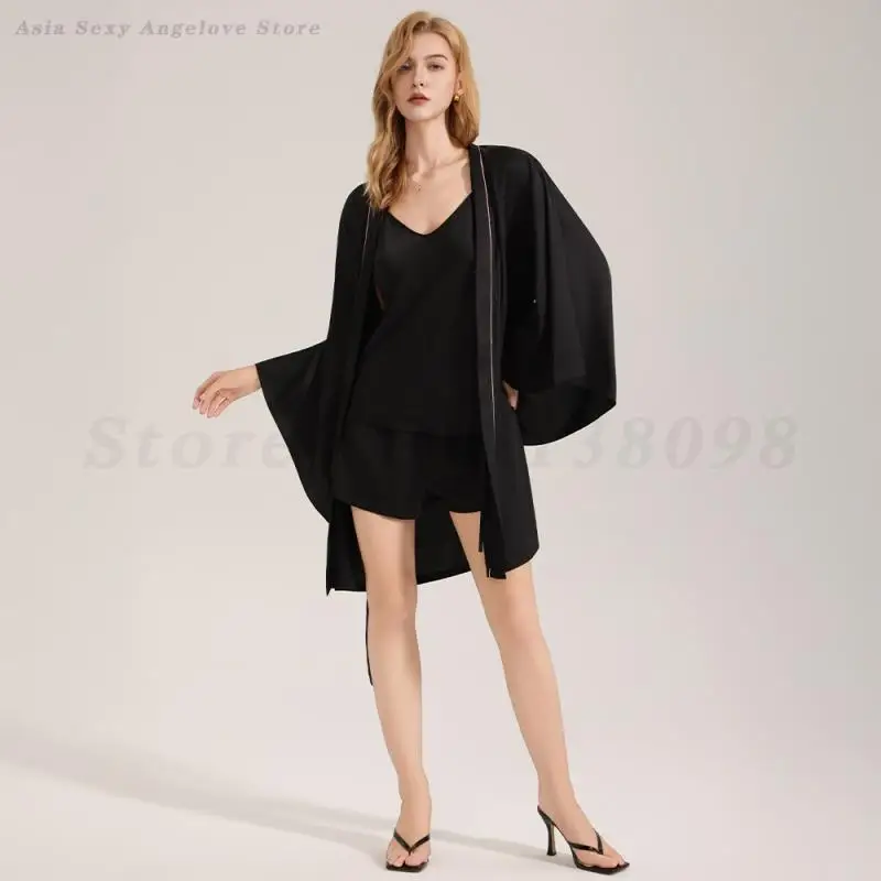 Three Pieces Pajamas Set Black Robe Sleepwear Women Satin Bathrobe with Suspender Sling&Shorts Summer Home Clothes Loungewear